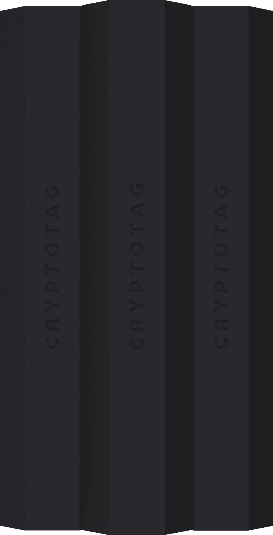 Three Cryptotag Odin titanium bars in black hexagon sleeves