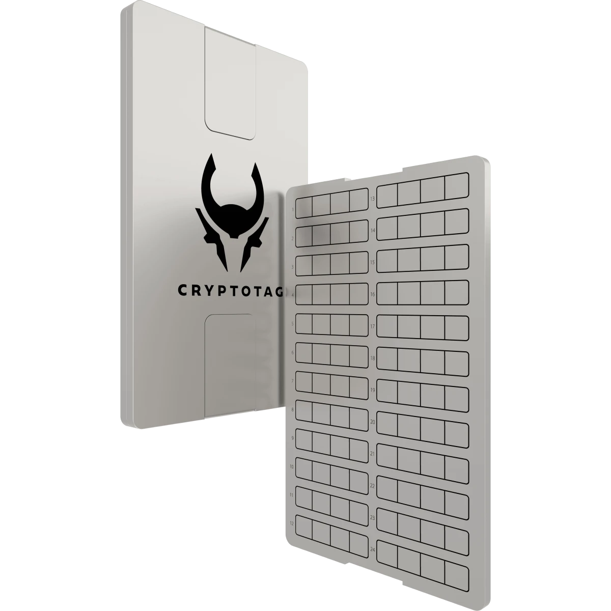 Cryptotag Thor titanium plate with a second plate showing its grid of word slots
