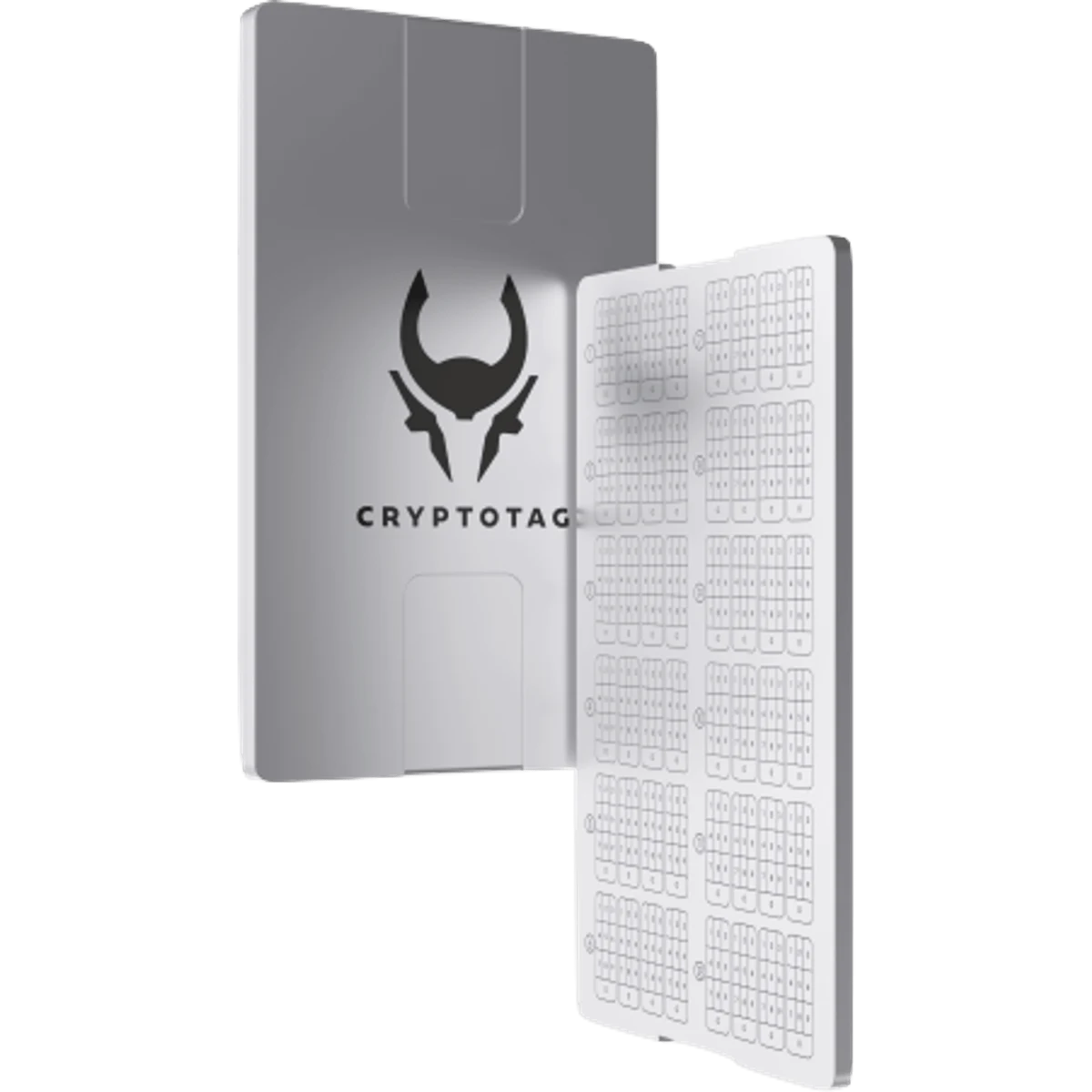 Cryptotag Zeus titanium plate with a second plate showing its grid of word slots