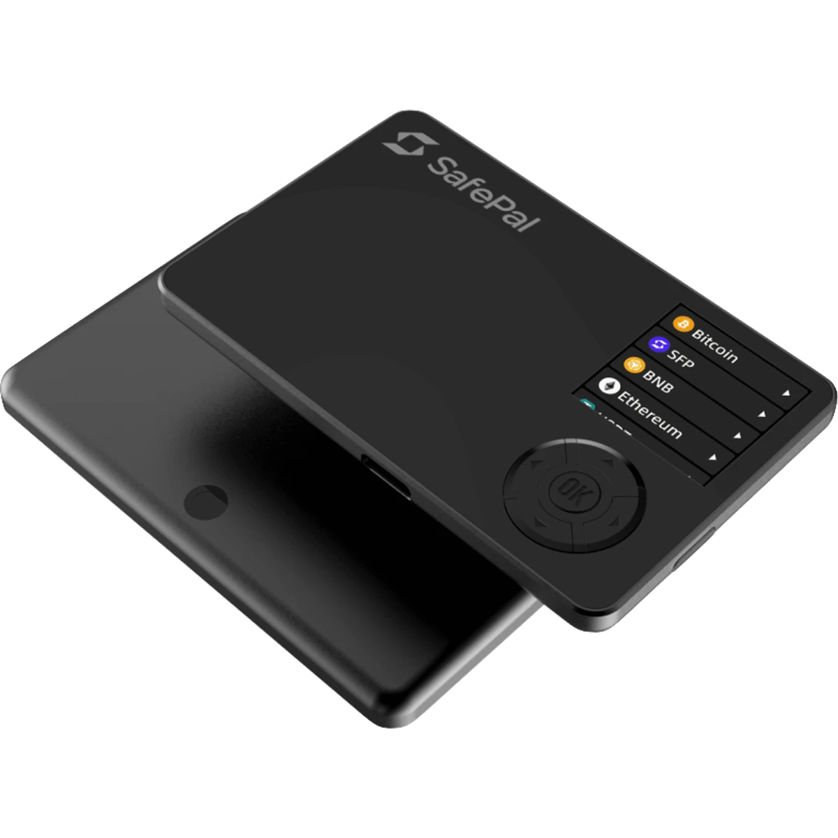 Two SafePal S1 Pro wallets, one face up showing Bitcoin, SFP, BNB and Ethereum on its screen