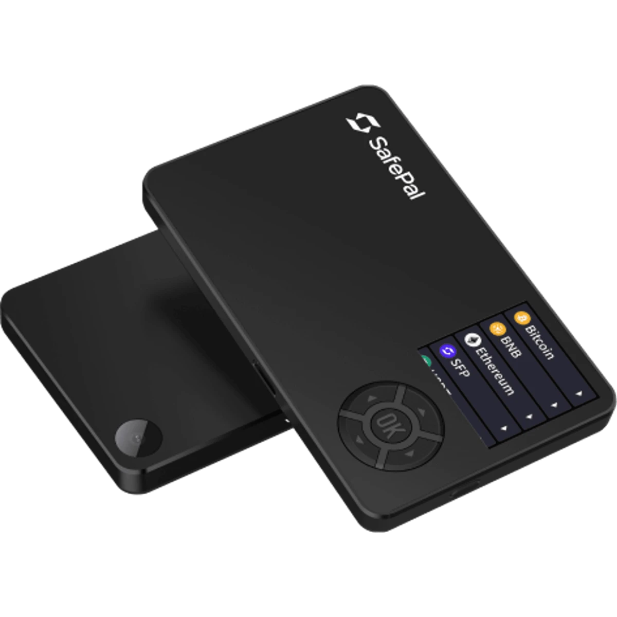 Two black SafePal S1 wallets, one face up showing Bitcoin, BNB, SFP and Ethereum on its screen