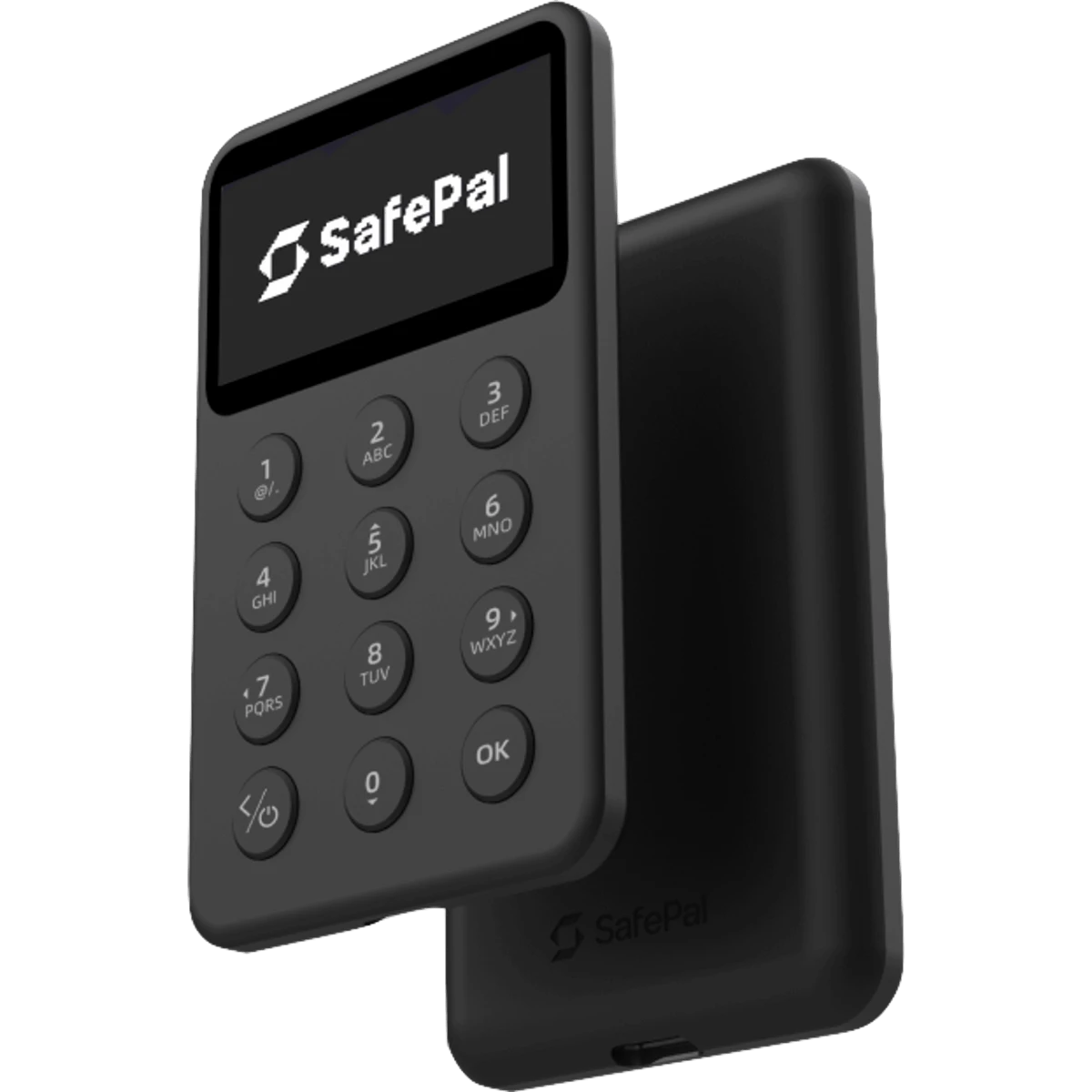 Two SafePal X1 wallets, front with screen and 12-button keypad and back
