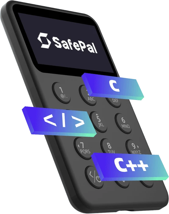 SafePal X1 with C, C++ and code tags floating over its keypad